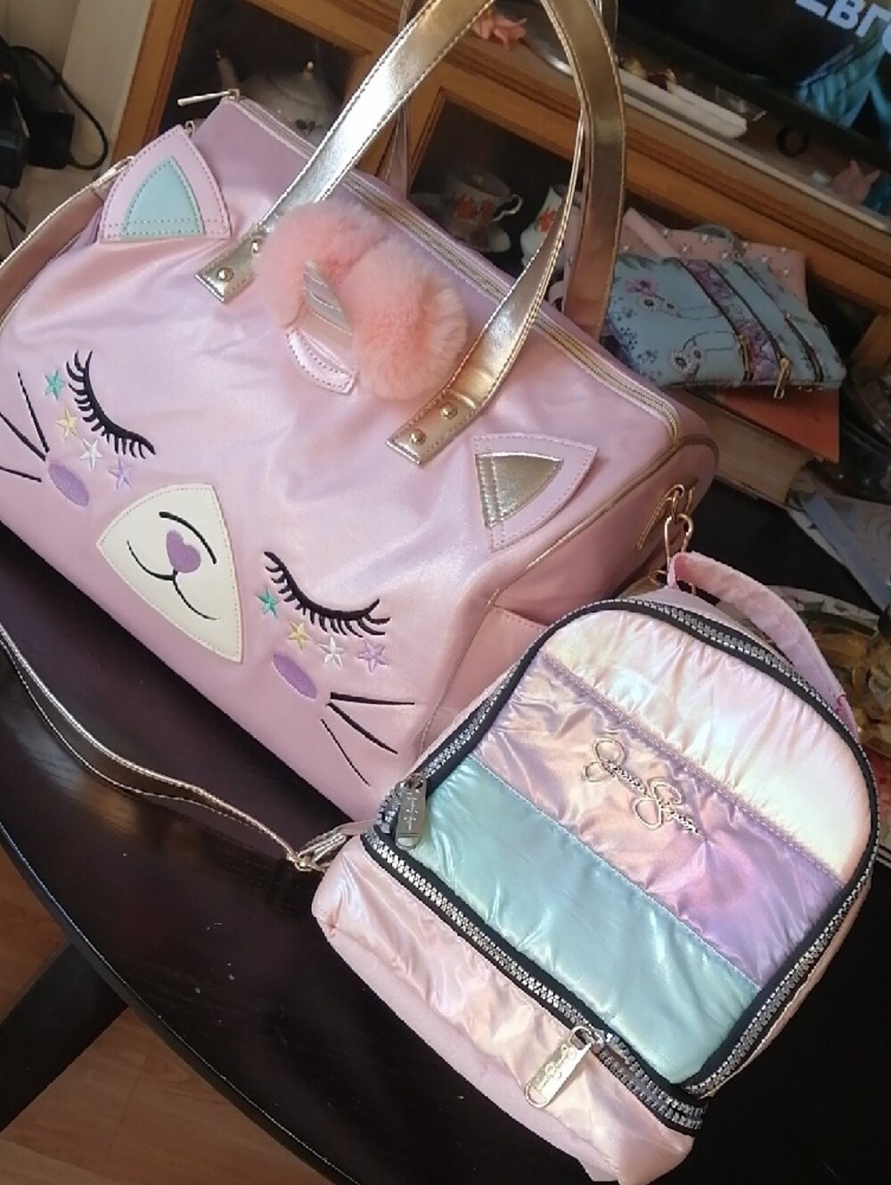 Under one sky Pink Iridescent Cat Face Bag with Gold Handles+ JS Launch Bag